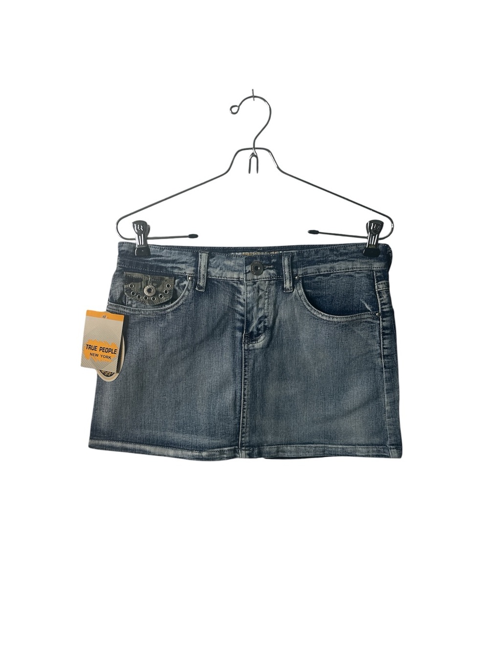 NEW True People Denim Mini Skirt in Faded Blue with Camo Details sz 5